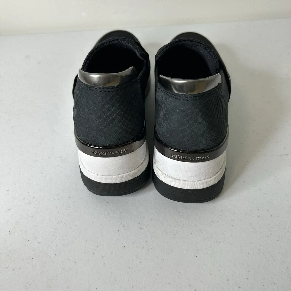 Michael Kors Women's 7.5 Felix Trainer Wedge Tech Canvas Sneakers Black